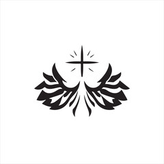 Geometric, symmetrical black and white vector logo illustration of Pentecost silhouette on white background.  Clean lines and balanced composition create a timeless and elegant aesthetic.eps