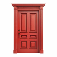 Bold red wooden door with intricate panel details, classic architectural design, and vintage brass handle isolated on transparent background.