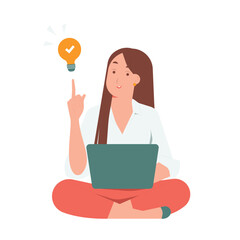 Woman sitting with a laptop, pointing to light bulb symbolizing new idea flat illustration