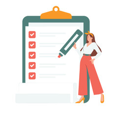 Flat illustration of woman hold giant pen standing with checklist clipboard to do list task management isolated on transparent background