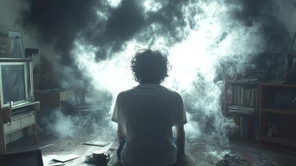 Man sits amidst smoky, ethereal room