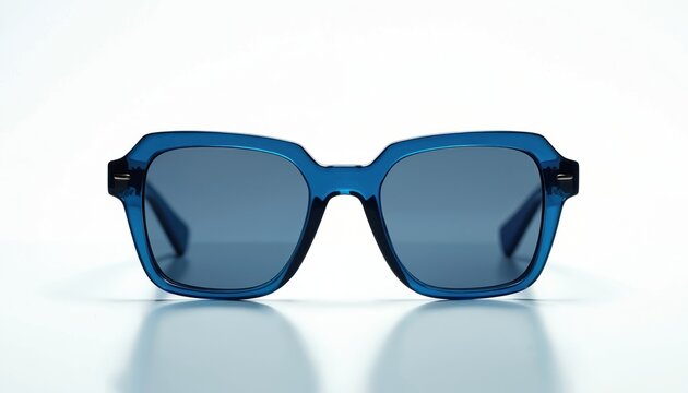 Stylish sunglasses with blue frame isolated on white background. Modern eye protection from sunlight, summer accessory. Unisex elegant glasses with dark lenses, reflecting contemporary fashion trends.