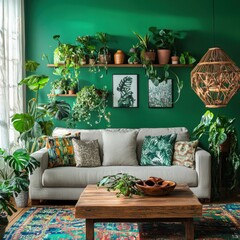 Vibrant Living Room. Trendy Interior with Colorful Sofa, Stylish Decor, and Lush Greenery. Modern Home Design with Cozy Atmosphere and Bold Accents. Real Estate and Home Decor Concept with Copy Space.