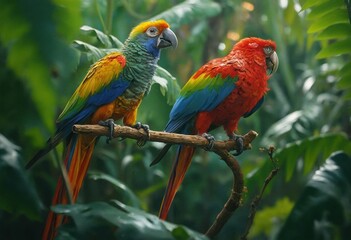 Obraz premium A Pair of Parrots Perched on a Branch in the Jungle