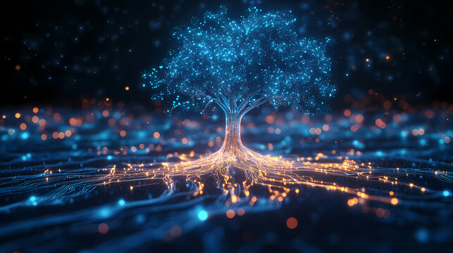 A glowing digital tree rooted in a cyber network, representing artificial intelligence and futuristic data processing. Rooted Intelligence. Illustration