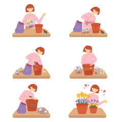 Woman planting flower bulbs in pot set of stage process in flat cartoon design. Gardener putting clay pebbles drainage, soil layer, planting narcissus and crocus, enjoying blooms. Vector illustration