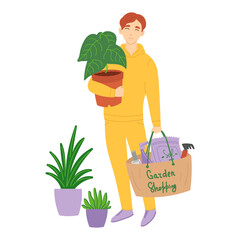 Man shopping in garden store in flat cartoon design. Happy buyer holds houseplant and bag with soil mix package, spray bottle and other gardener tools, standing by plants in pots. Vector illustration