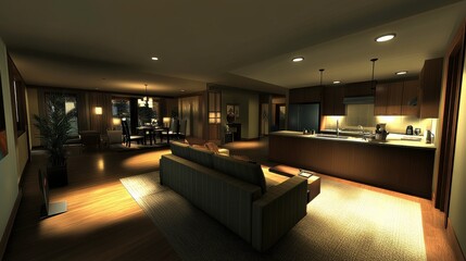 Modern Stylish Room with Soft Lighting and Sleek Couch