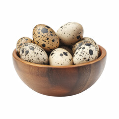 Obraz premium Speckled quail eggs in a wooden bowl, fresh organic food ingredient, natural protein source for gourmet cooking and healthy diet isolated on transparent background.