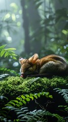 Obraz premium Serene photo of a Green Ringtail Possum resting on a bed of moss misty rainforest backdrop soft diffused light intricate fur details tranquil atmosphere and vibrant greenery