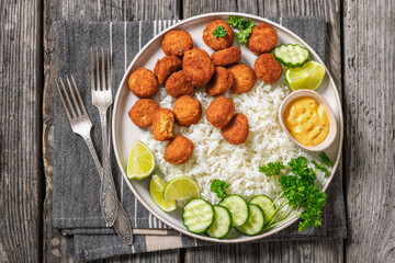 crunchy breaded salmon fish nuggets with rice