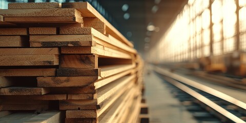 Fototapeta premium Detailed Close Up of Wooden Planks Against Industrial Woodworking Background