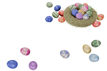 Floating Easter eggs and straw nest isolated on white background