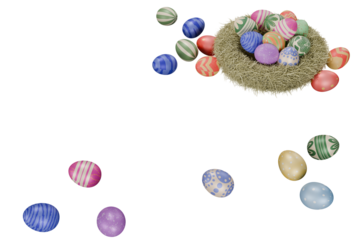 Floating Easter eggs and straw nest isolated on white background