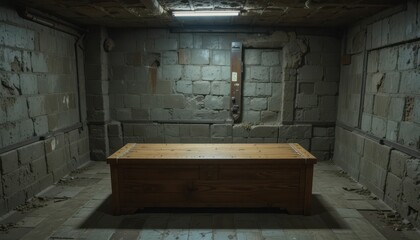 Empty Dark Room with Wooden Table in a Concrete Basement Space