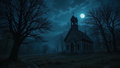 Eerie Night Scene with Church under Full Moon and Dark Clouds
