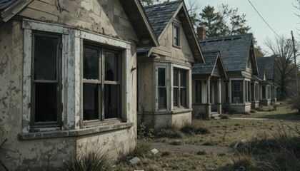 Abandoned houses in a rural setting with overgrown weeds and decay