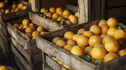 Close-up of wooden crates filled with citrus fruits, dust gently settling in a warm rustic room.