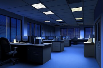Empty office at night, modern interior, lit by window light, business setting, background scene