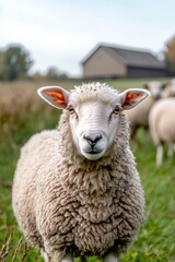 Fototapeta premium Sheep grazing peacefully on a lush green meadow with a farm in the background