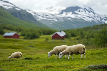 Fototapeta premium Sheep grazing peacefully on a lush green meadow with a farm in the background