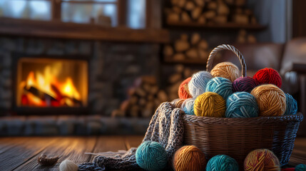 Cozy knitting session with a basket of colorful yarn balls in a rustic living room by the fireplace inviting warmth and creativity. Living Threads. Illustration