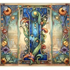 Fototapeta premium 아르누보 느낌의 일러스트, 알파벳 I, jpeg (Art Nouveau style illustration, Alphabet I, jpeg)