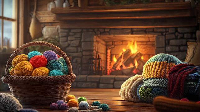 Cozy knitting session with a basket of colorful yarn balls in a rustic living room by the fireplace inviting warmth and creativity. Living Threads. Illustration