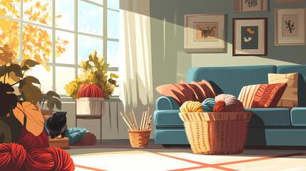 Cozy living room scene with a basket of yarn and knitting needles. Living Threads. Illustration