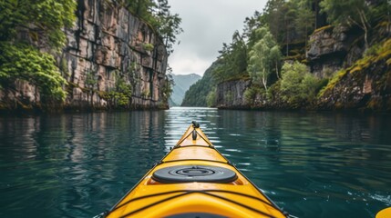 A kayaking adventure in the Norwegian fjords, with turquoise water and towering cliffs 