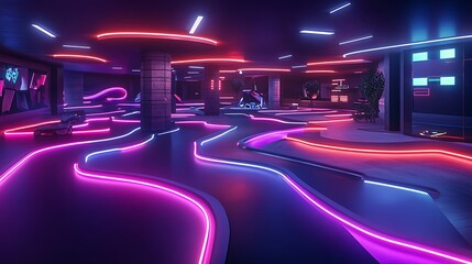 Neon lit futuristic indoor go kart track design with racing cars and vibrant purple and red lighting effects