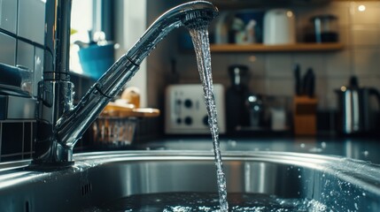 Flowing Water from Modern Faucet into Kitchen Sink