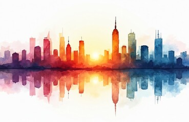 Naklejka premium Watercolor sunset illustration of city skyline with skyscrapers reflected in water. Evening urban landscape features buildings, architecture, metropolis, road, tower with sunset skyline. Community,
