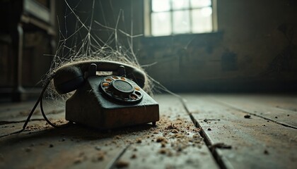 Eerie scene of dusty, old rotary phone with cobwebs in dimly lit abandoned room. Vintage dial telephone covered with spider web on wooden floor. Concept of mystery, horror, forgotten past and decay.