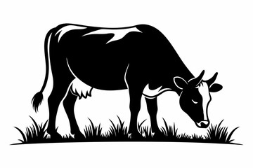 cow eat grass line art silhouette vector illustration