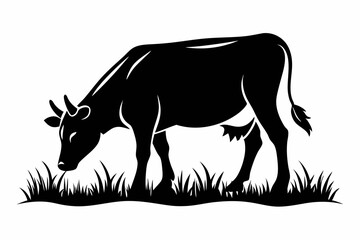 cow eat grass line art silhouette vector illustration