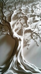Stunning White Relief Wall Art: A Majestic Tree Embellishes the Room