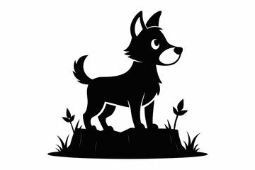 dog stand on a tree stump line art silhouette vector illustration