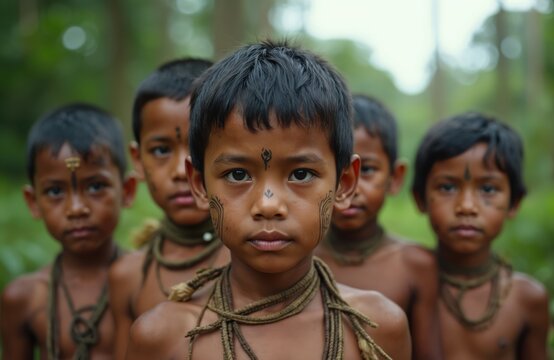Group portrait of Amazonia native tribe children with traditional face painting. Indigenous boys from jungle, standing together in South America, Brazil. Cultural diversity, traditional lifestyle in