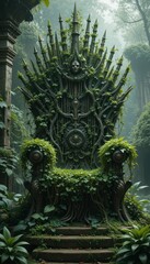 Majestic Overgrown Throne Surrounded by Lush Greenery in Forest