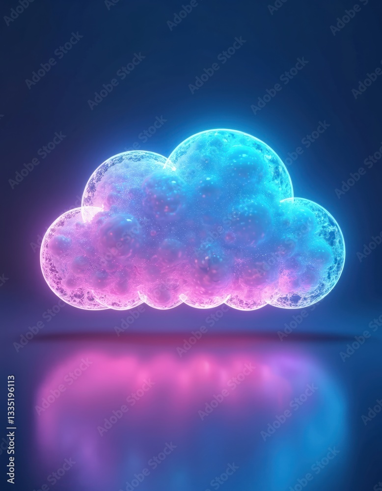 Aufkleber Cloud data storage symbol on dark background. Virtual information in cyberspace. Digital connection via global network server. Wireless upload, download innovation. Security, cyber technology in neon