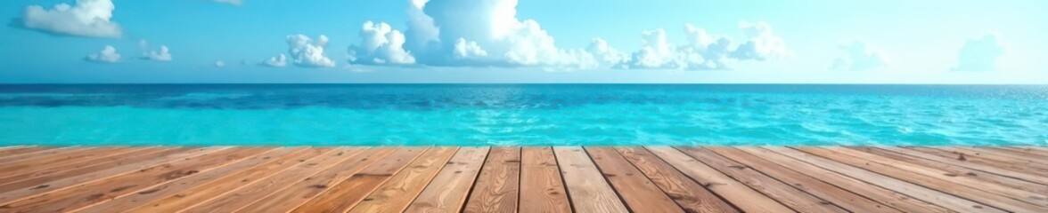 Fototapeta premium Elevated wooden platform overlooking serene blue ocean, texture, beach
