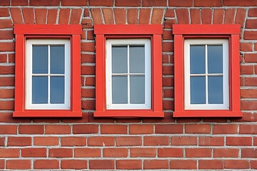 Three Red Framed Windows on Brick Wall Exterior