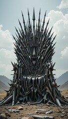 Majestic Throne Made of Metal Spearheads in a Desert Landscape