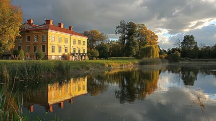 A historic Swedish castle surrounded by a moat, with lush gardens and a dramatic cloudy sky -