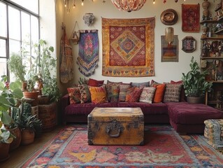 Bohemian Living Room. A Cozy and Eclectic Interior with Vibrant Textiles, Indoor Plants, and Vintage Decor. Home and Interior Design Concept with Copy Space.