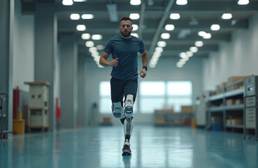 Bearded man running with cybernetic leg prosthesis. Futuristic robotic bionic limb for disabled athlete. Rehabilitation tech improves health, allows cyborg to walk, run, exercise after amputation,