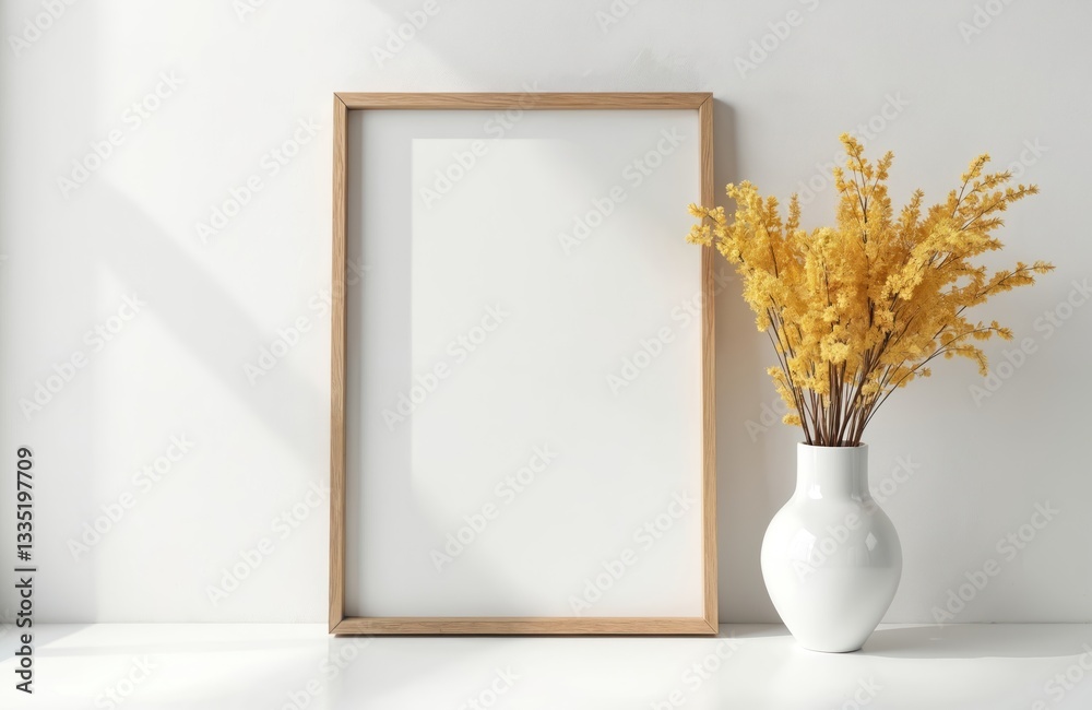 Poster picture frame mockup in minimal white interior with sunlight and shadow. modern template with blank 