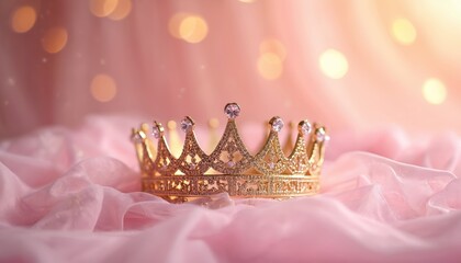 Close-up of golden princess crown on pink tulle fabric with shining bokeh. Royal glamour, luxury birthday party decor with fairy tale, magic, sparkle for regal celebration and girly elegance.