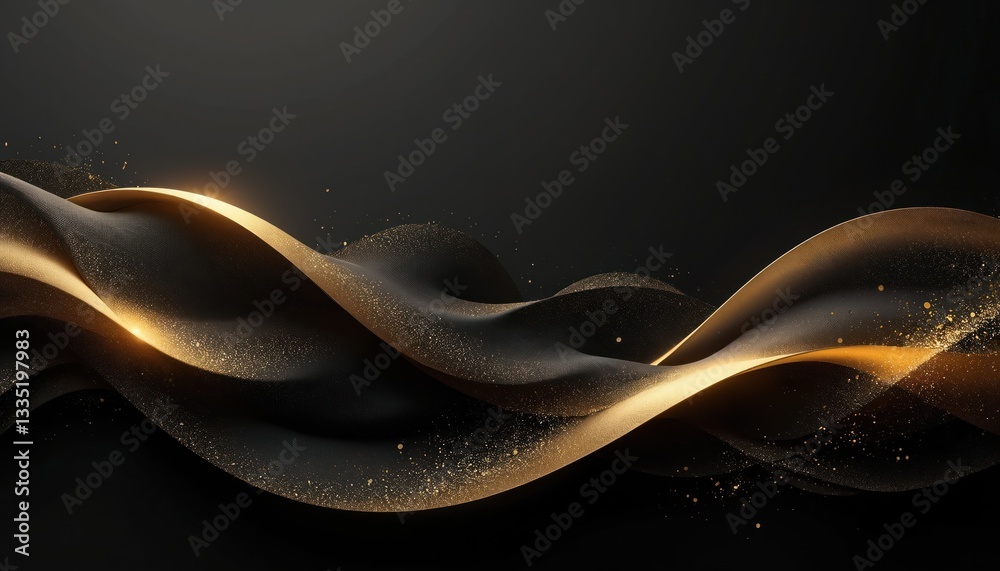 Poster sophisticated black background with elegant gold wave textures. smooth curves, shiny bright decorati